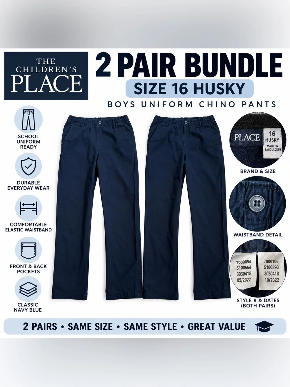 Boys Navy Uniform Chino Pants Size 16 Husky- 2 Pair Bundle